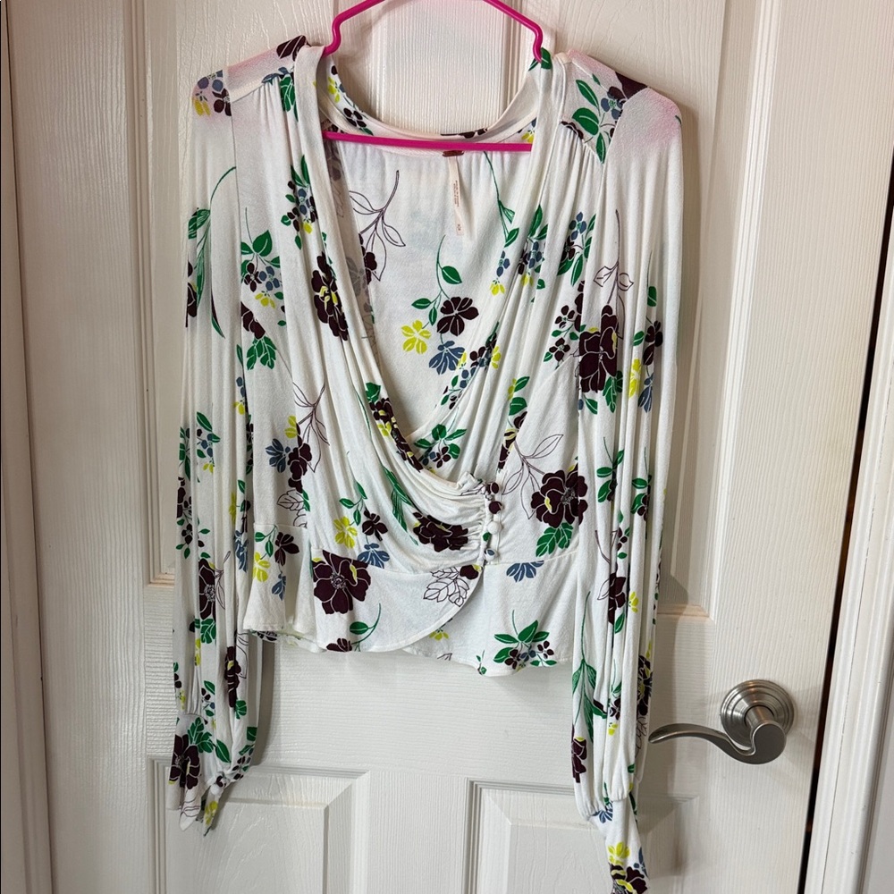 Free People White Floral Draped Cowl Top with Green & Purple Accents